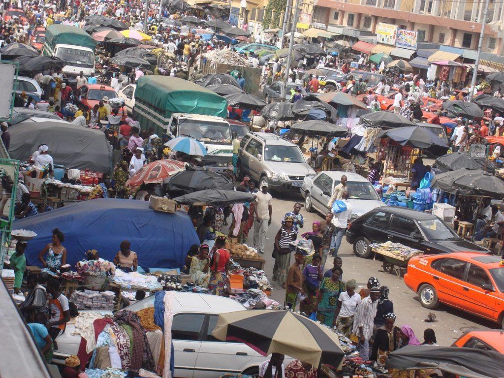 The crowded traditional market of Adjamé in Abidjan