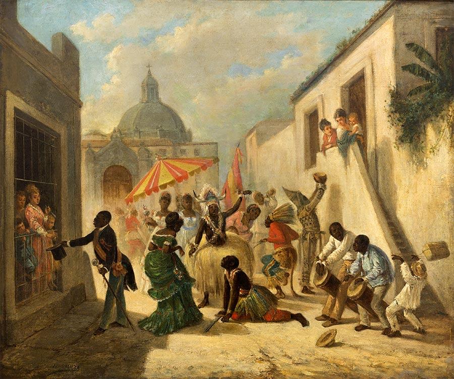 Painting of Afro-Cuban drummers and dancers in a Havana street