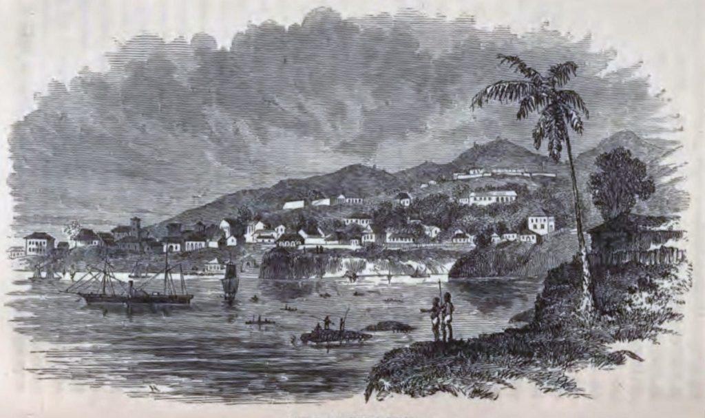 Engraving of Freetown harbour and hillside in 1856